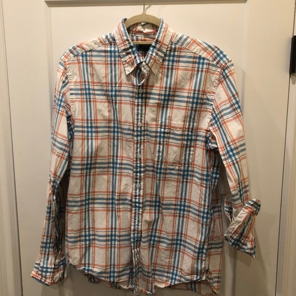 J. Crew White/Blue/Orange Plaid Button Down - Picture 1 of 3